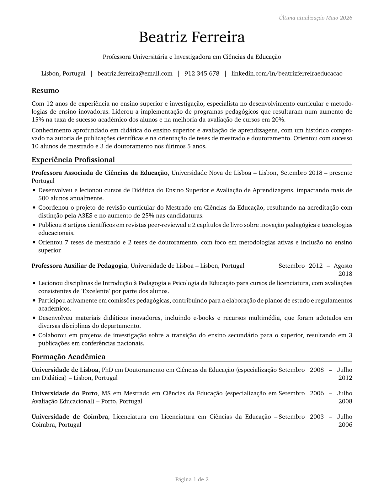 Education Teachers, Postsecondary CV in Portuguese — page 1