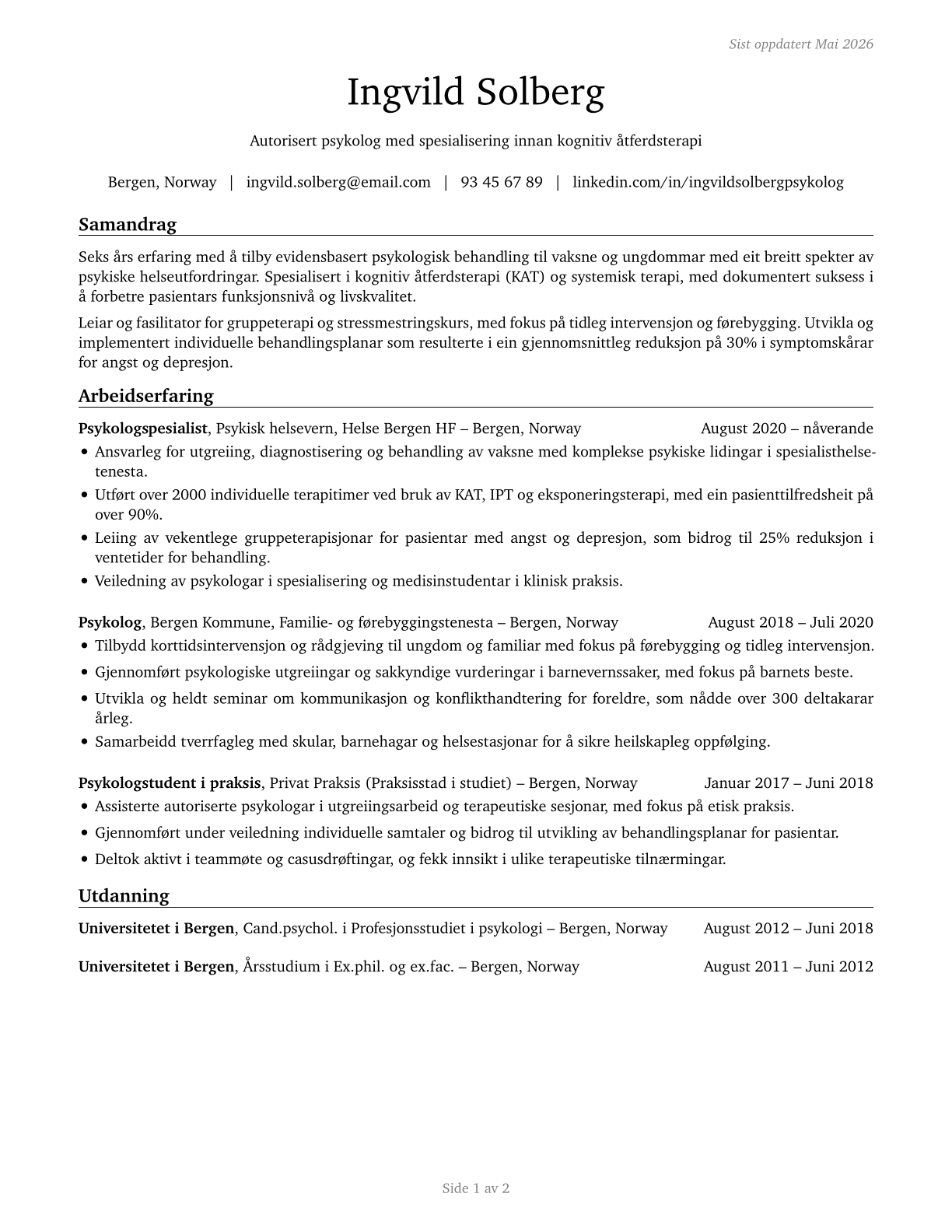 Psychologists, All Other CV in Norwegian_nynorsk — page 1