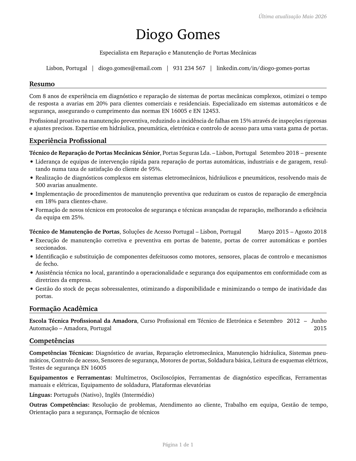 Mechanical Door Repairers CV in Portuguese — page 1