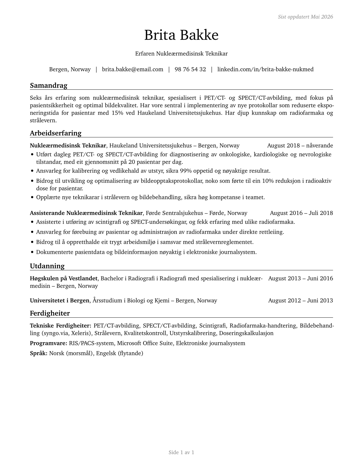 Nuclear Medicine Technologists CV in Norwegian_nynorsk — page 1