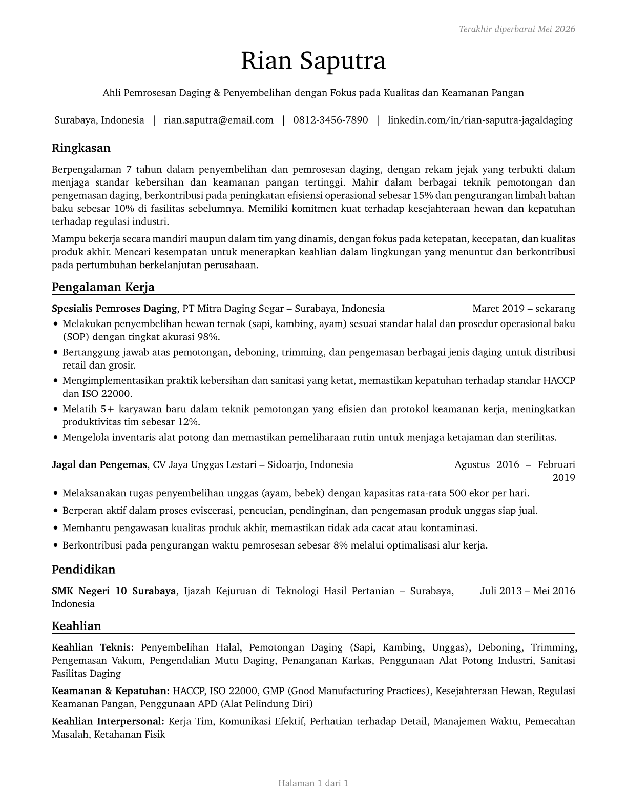 Slaughterers and Meat Packers CV in Indonesian — page 1