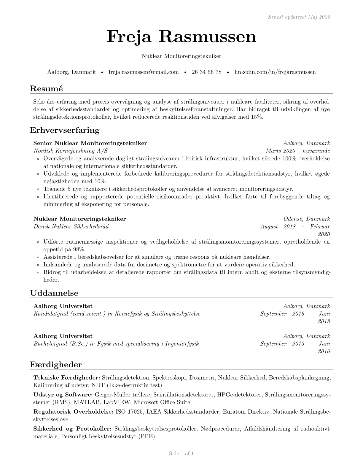 Nuclear Monitoring Technicians CV in Danish — page 1