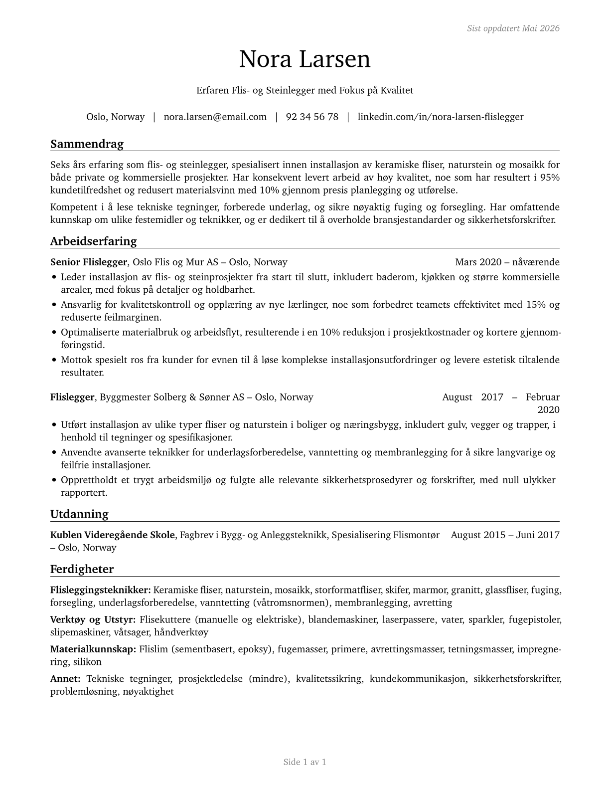 Tile and Stone Setters CV in Norwegian_bokmal — page 1