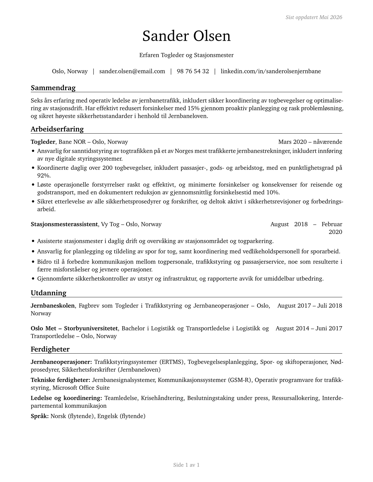 Railroad Conductors and Yardmasters CV in Norwegian_bokmal — page 1