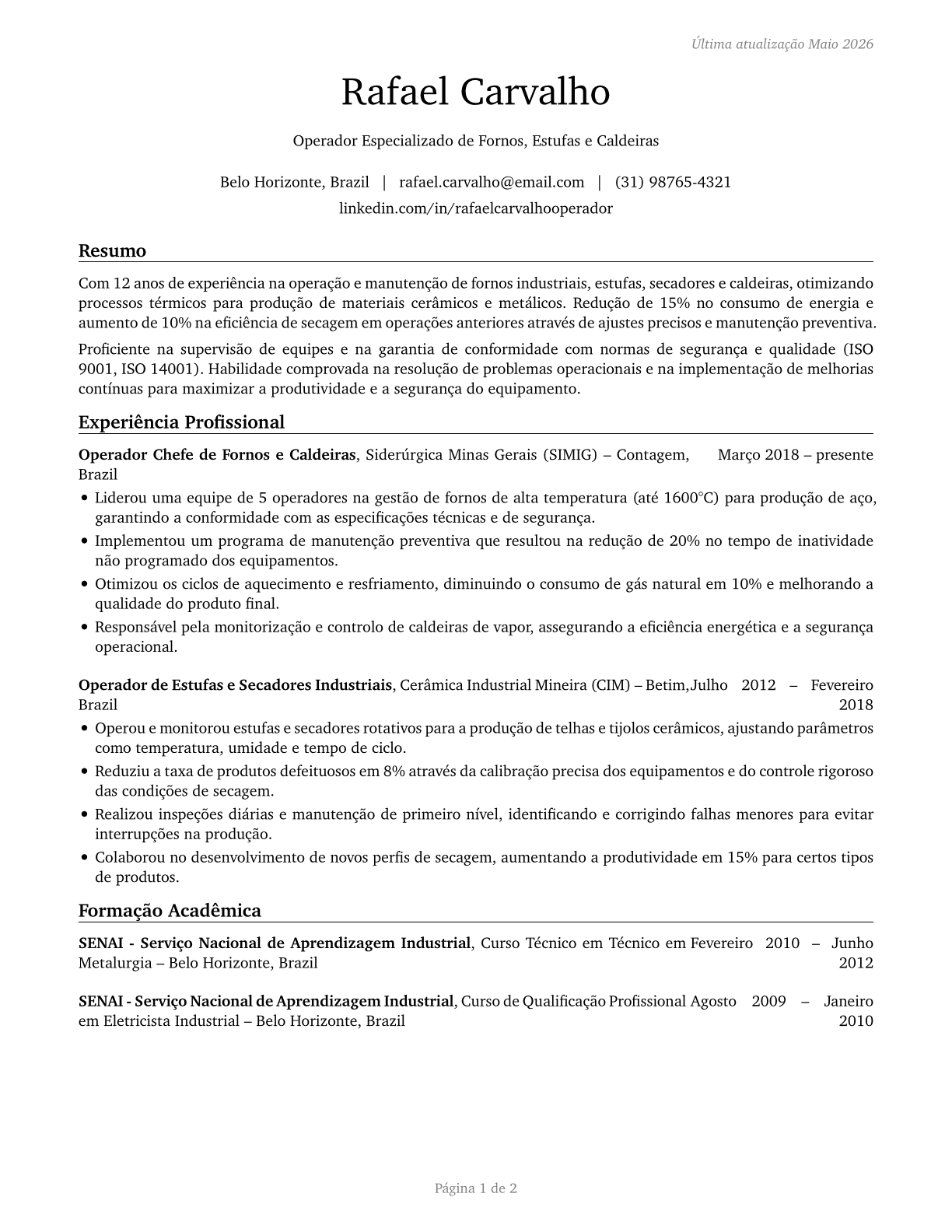 Furnace, Kiln, Oven, Drier, and Kettle Operators and Tenders CV in Portuguese — page 1