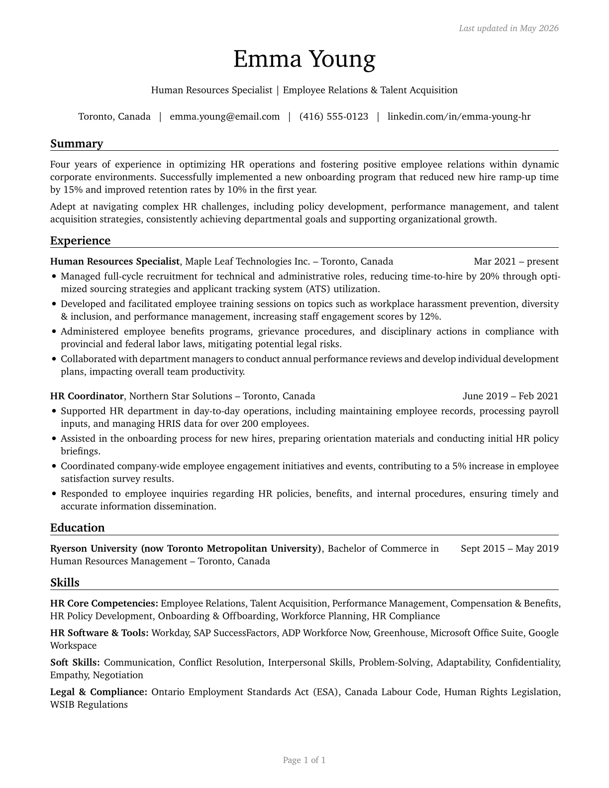 Human Resources Specialists CV in English — page 1