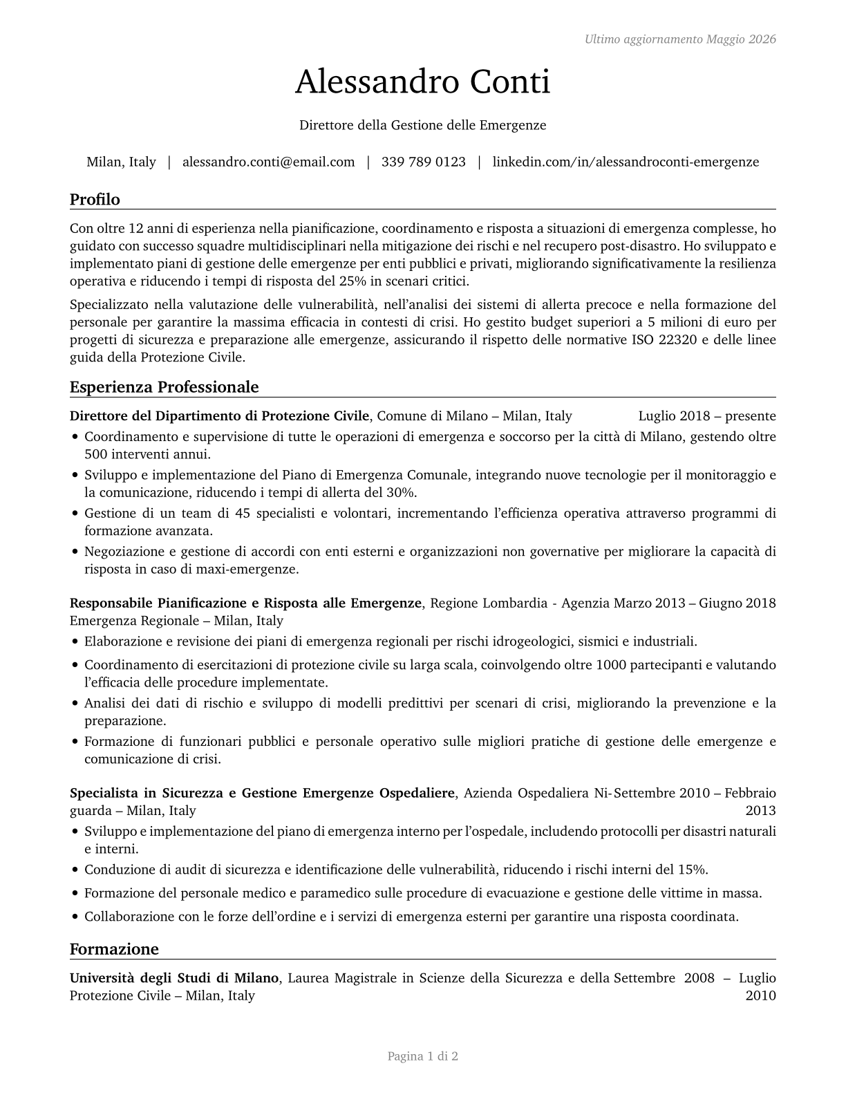 Emergency Management Directors CV in Italian — page 1