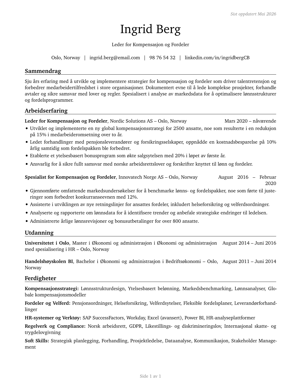 Compensation and Benefits Managers CV in Norwegian_bokmal — page 1