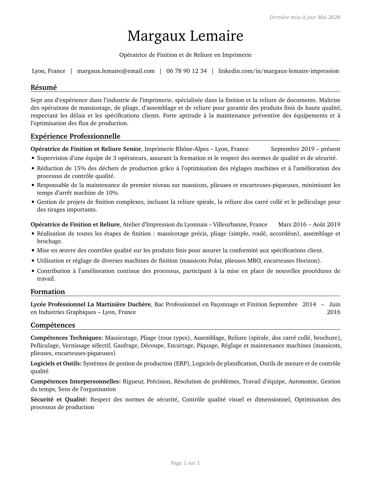 Print Binding and Finishing Workers CV in French — page 1