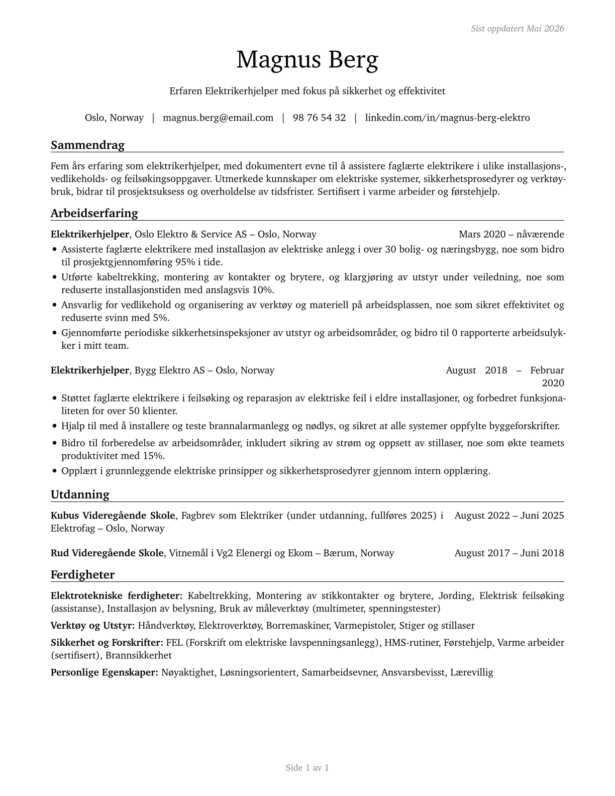 Helpers--Electricians CV in Norwegian_bokmal — page 1