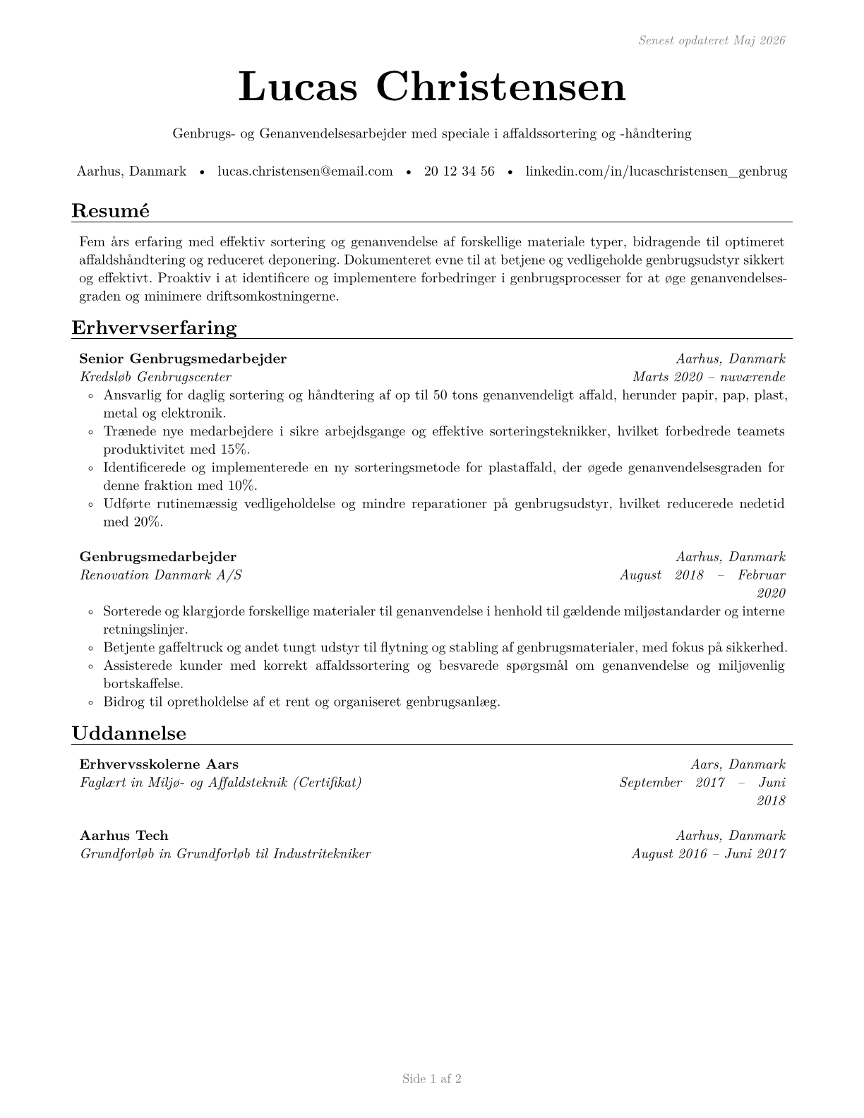 Recycling and Reclamation Workers CV in Danish — page 1
