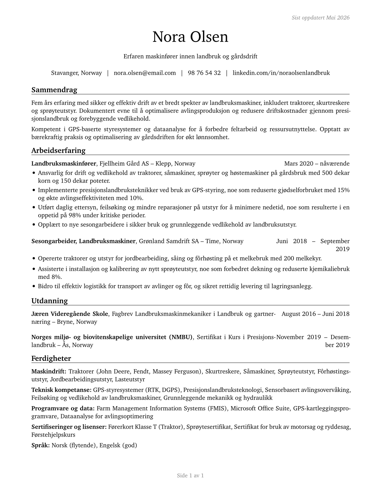 Agricultural Equipment Operators CV in Norwegian_bokmal — page 1