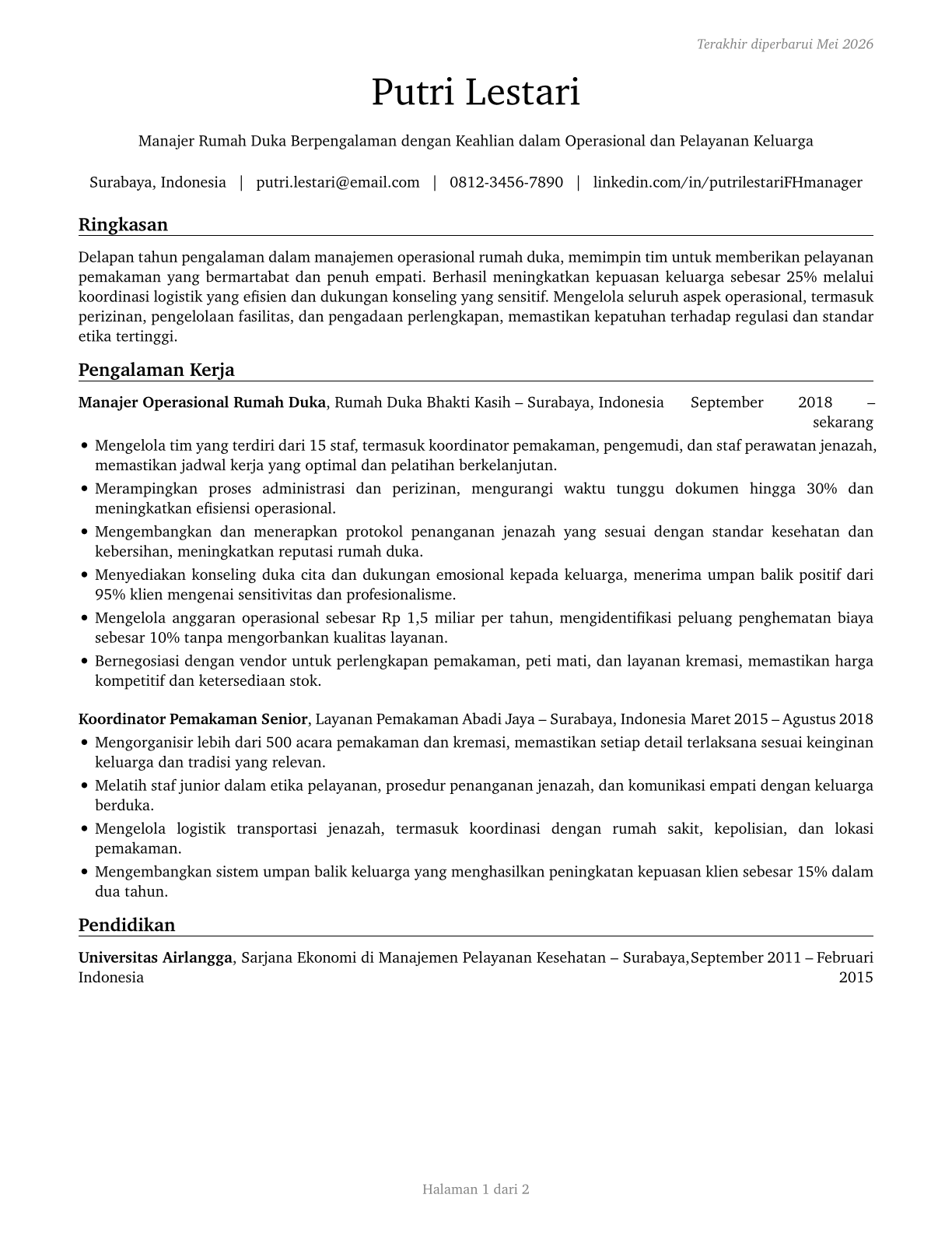 Funeral Home Managers CV in Indonesian — page 1
