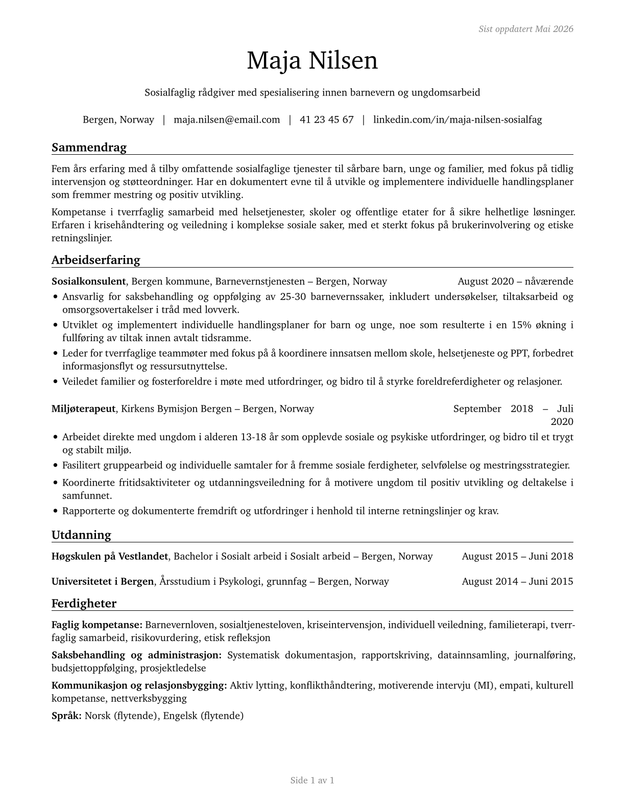 Social Workers, All Other CV in Norwegian_bokmal — page 1