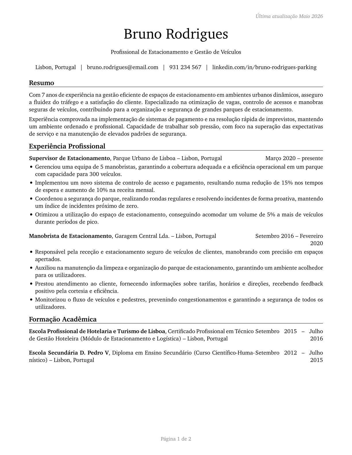 Parking Attendants CV in Portuguese — page 1