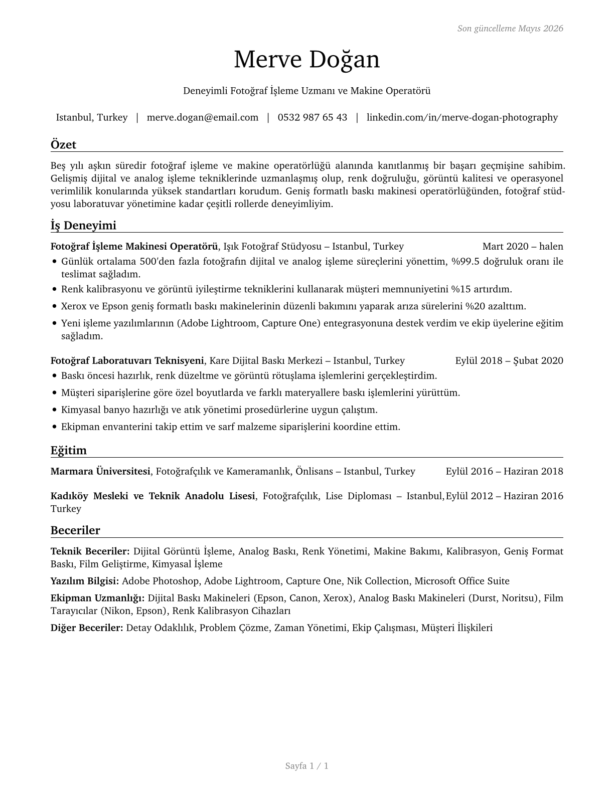 Photographic Process Workers and Processing Machine Operators CV in Turkish — page 1