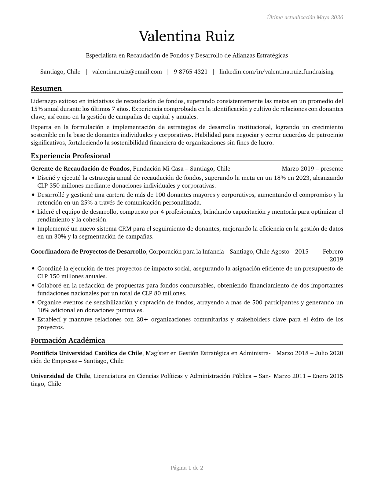 Fundraisers CV in Spanish — page 1