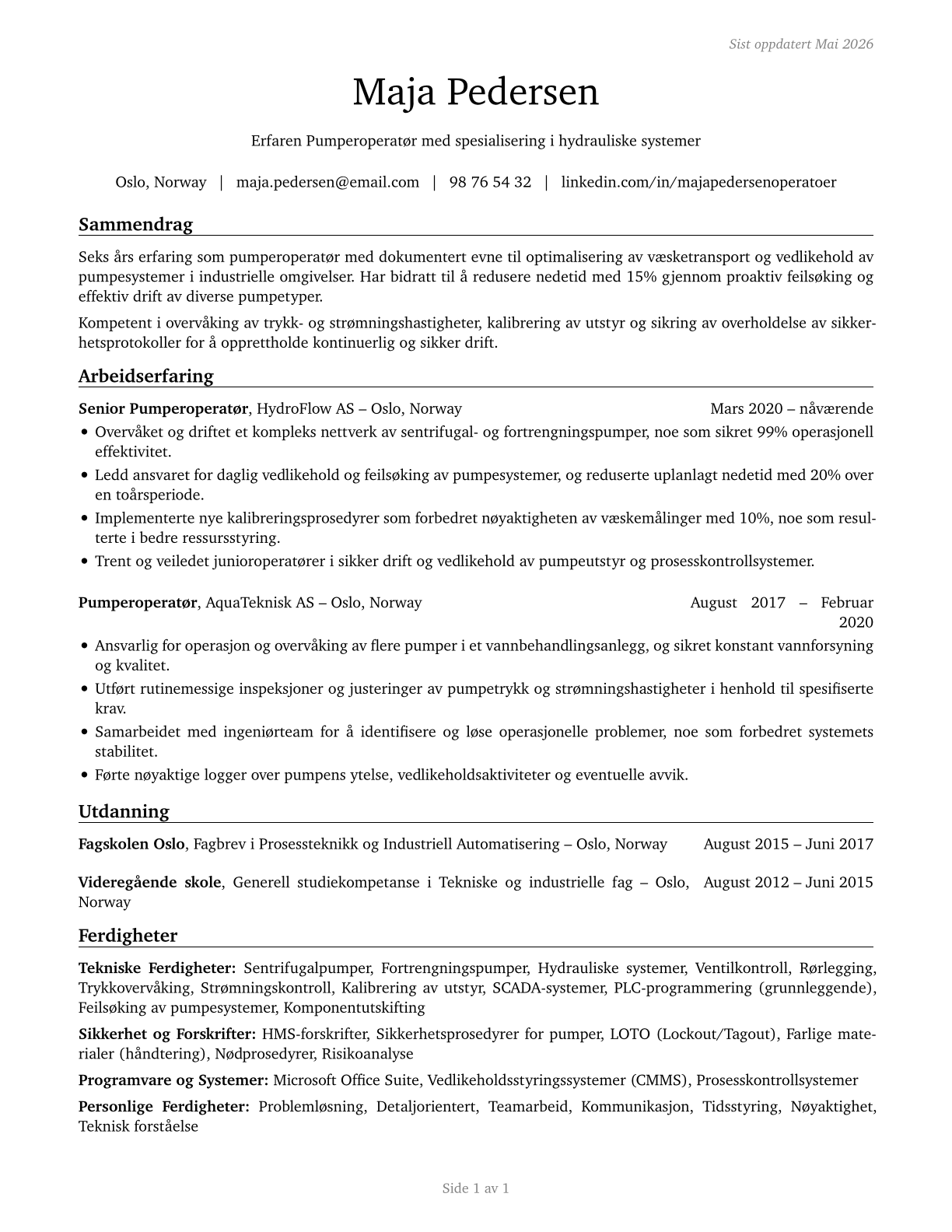 Pump Operators, Except Wellhead Pumpers CV in Norwegian_bokmal — page 1