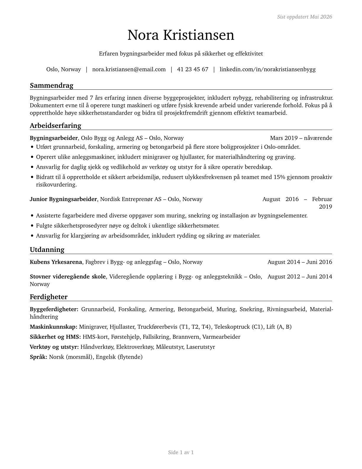 Construction Laborers CV in Norwegian_bokmal — page 1