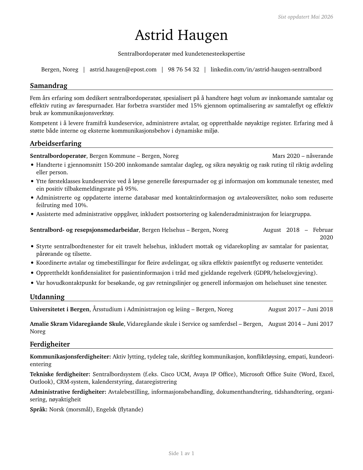 Switchboard Operators, Including Answering Service CV in Norwegian_nynorsk — page 1