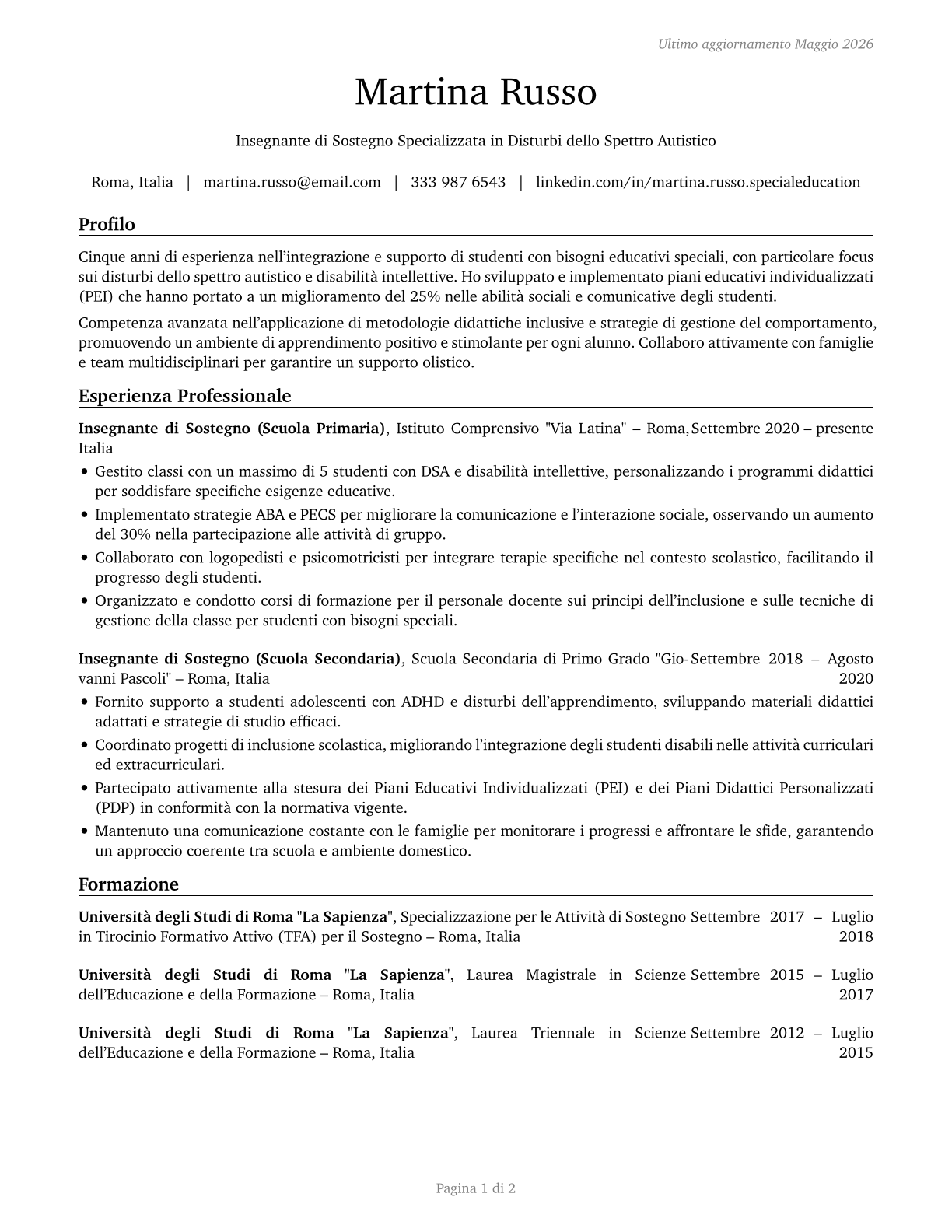 Special Education Teachers, All Other CV in Italian — page 1