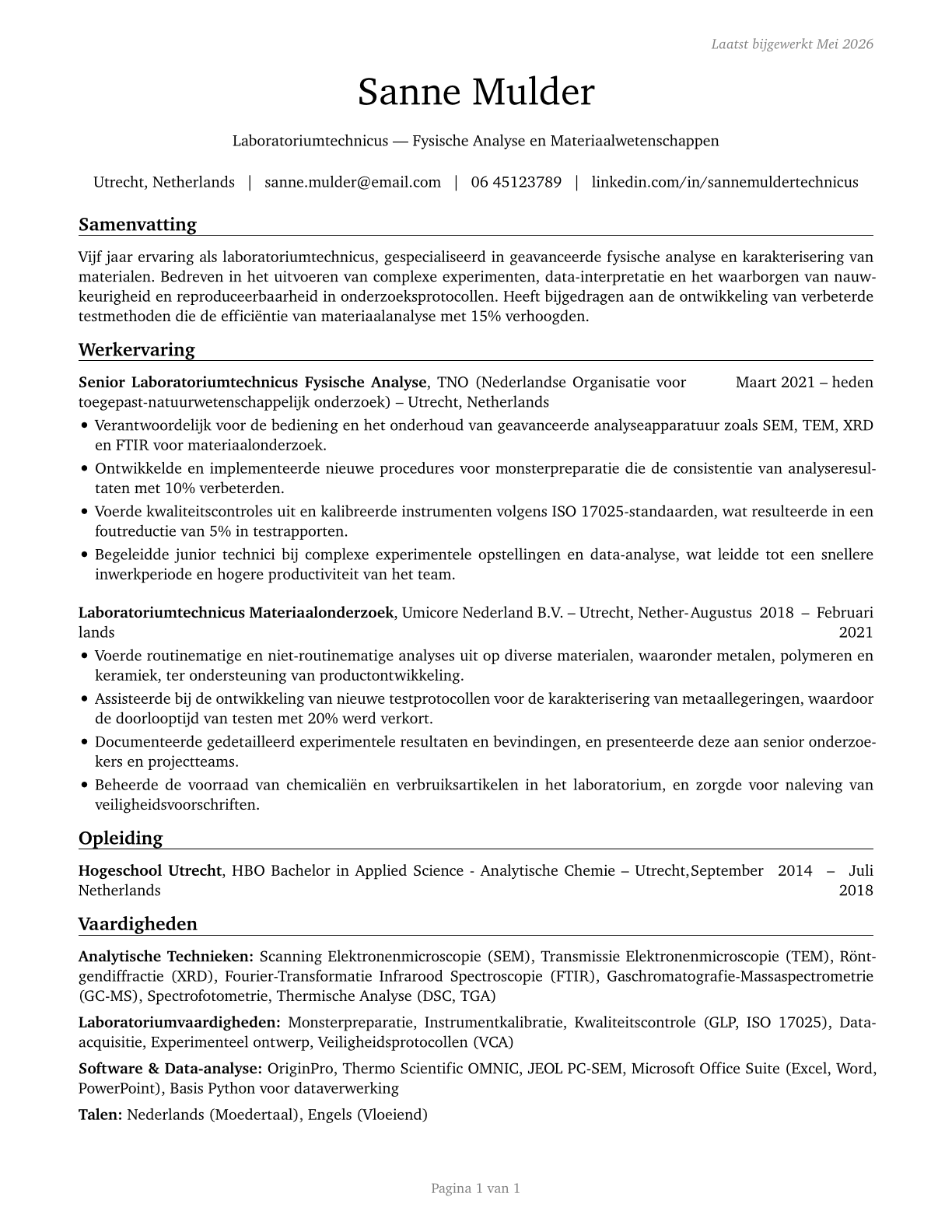 Life, Physical, and Social Science Technicians, All Other CV in Dutch — page 1