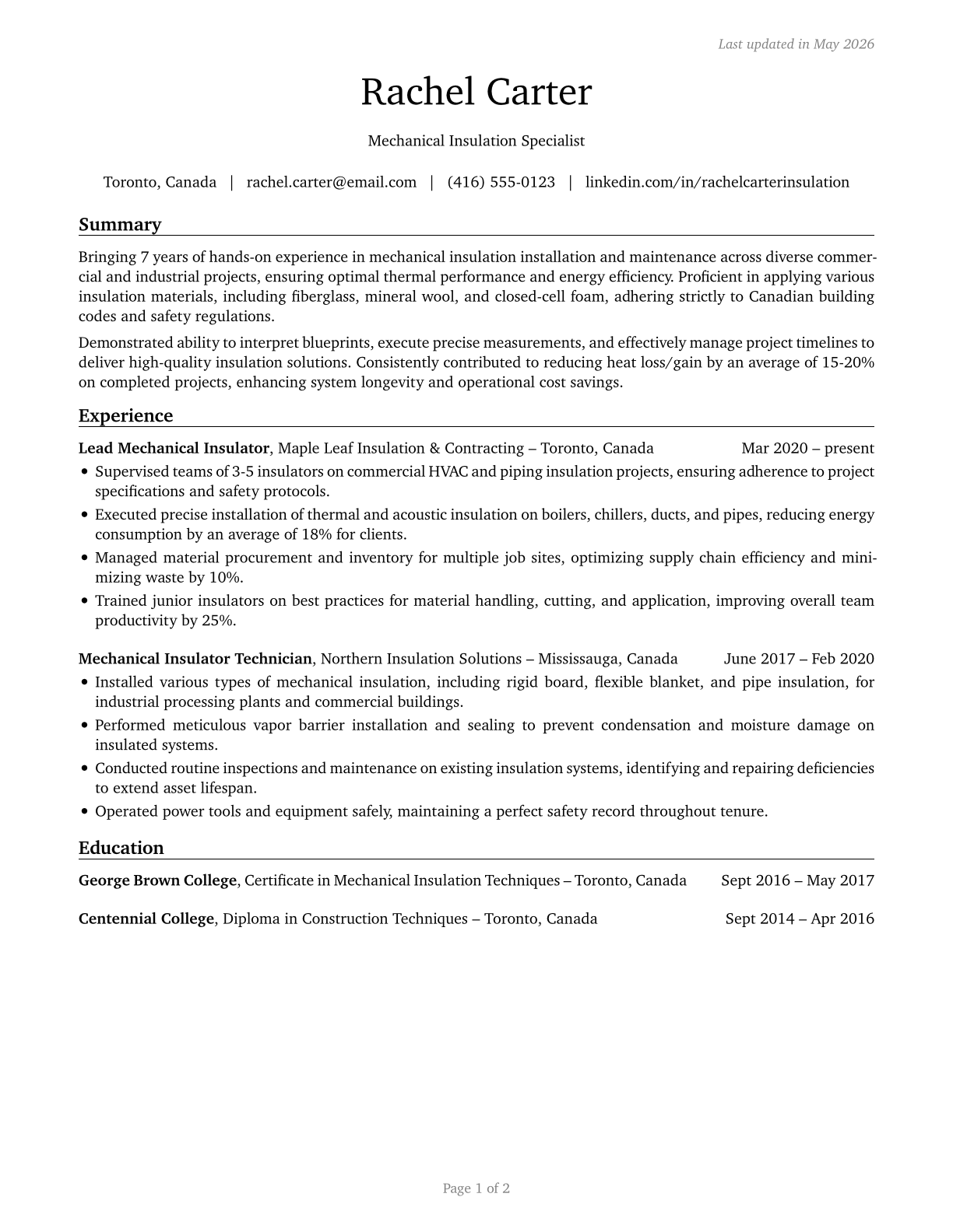 Insulation Workers, Mechanical CV in English — page 1