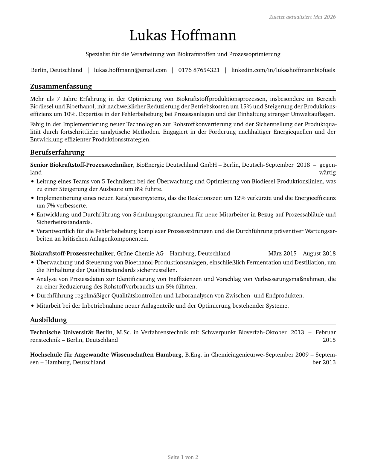 Biofuels Processing Technicians CV in German — page 1