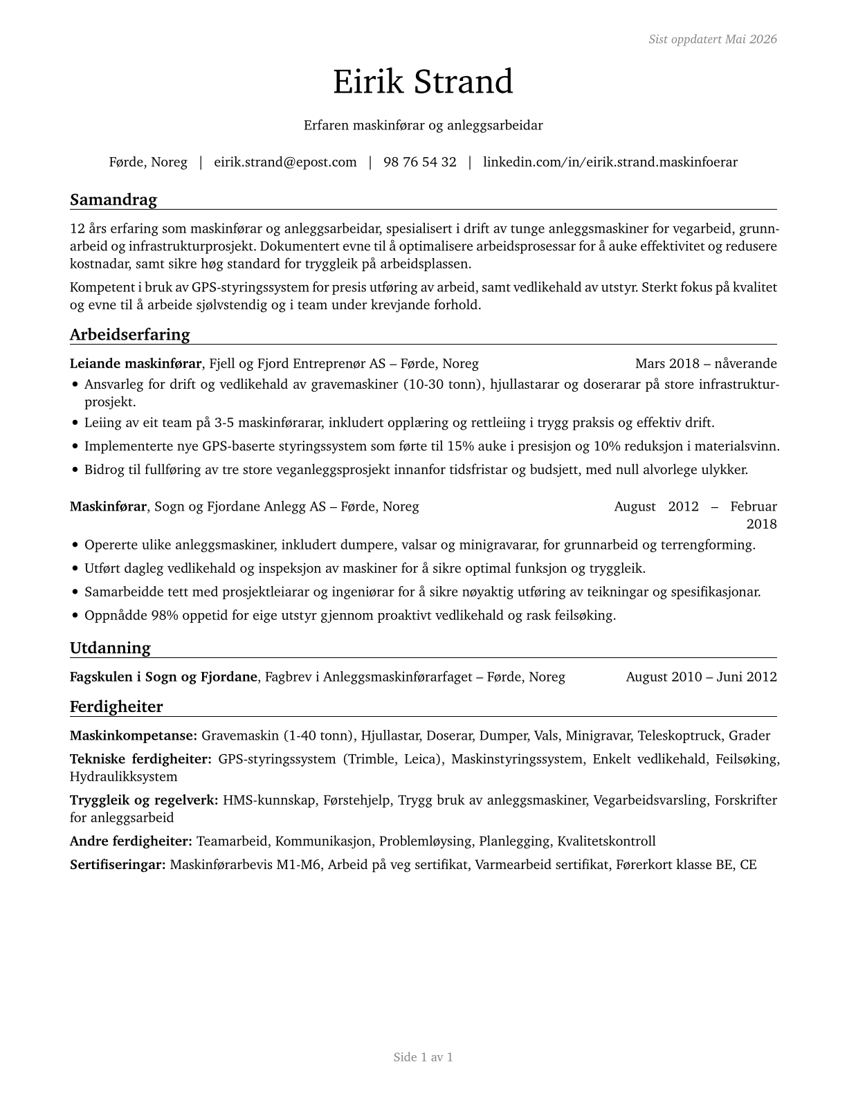 Operating Engineers and Other Construction Equipment Operators CV in Norwegian_nynorsk — page 1