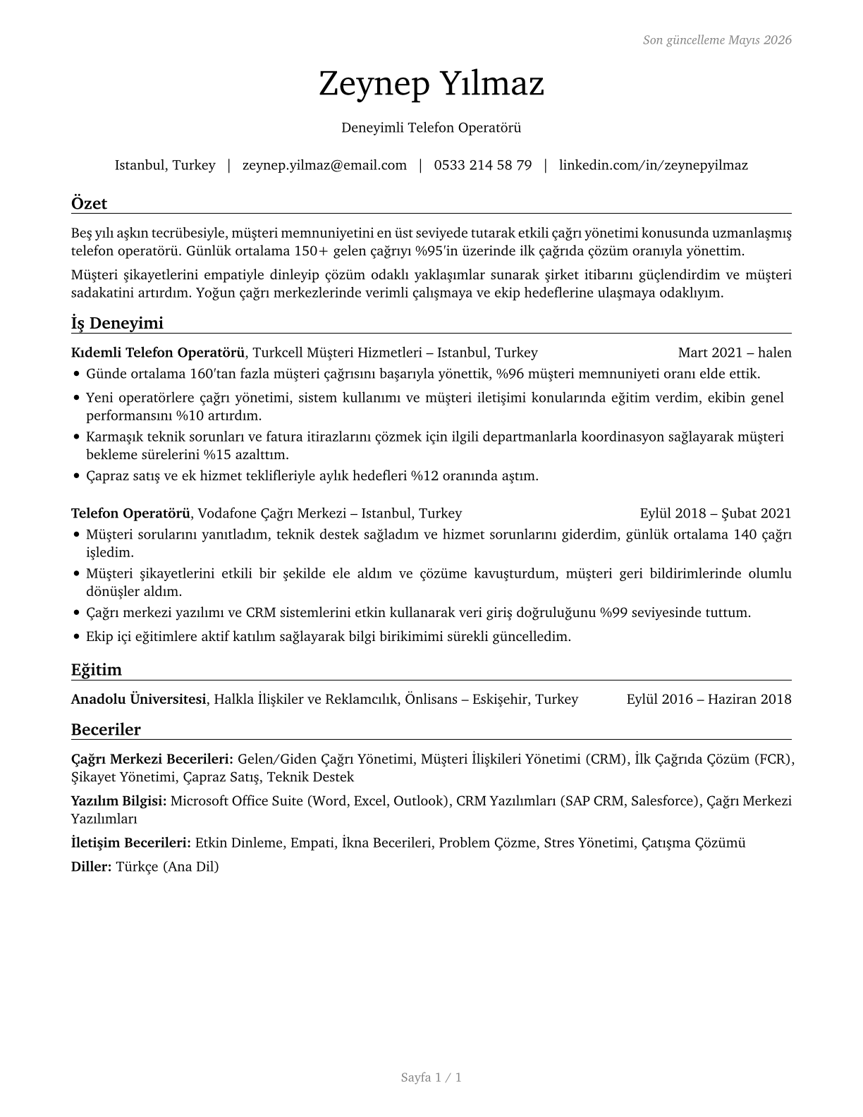 Telephone Operators CV in Turkish — page 1