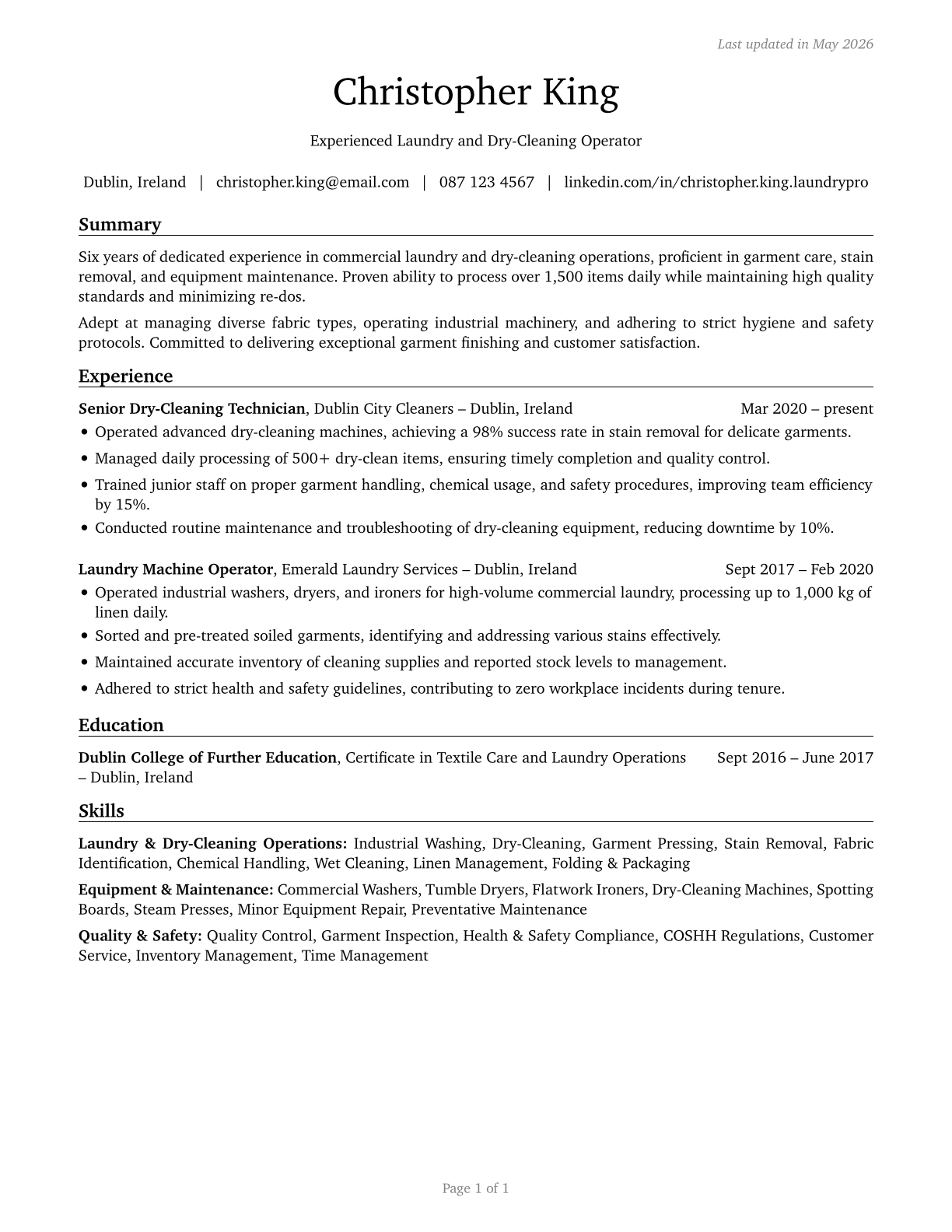 Laundry and Dry-Cleaning Workers CV in English — page 1