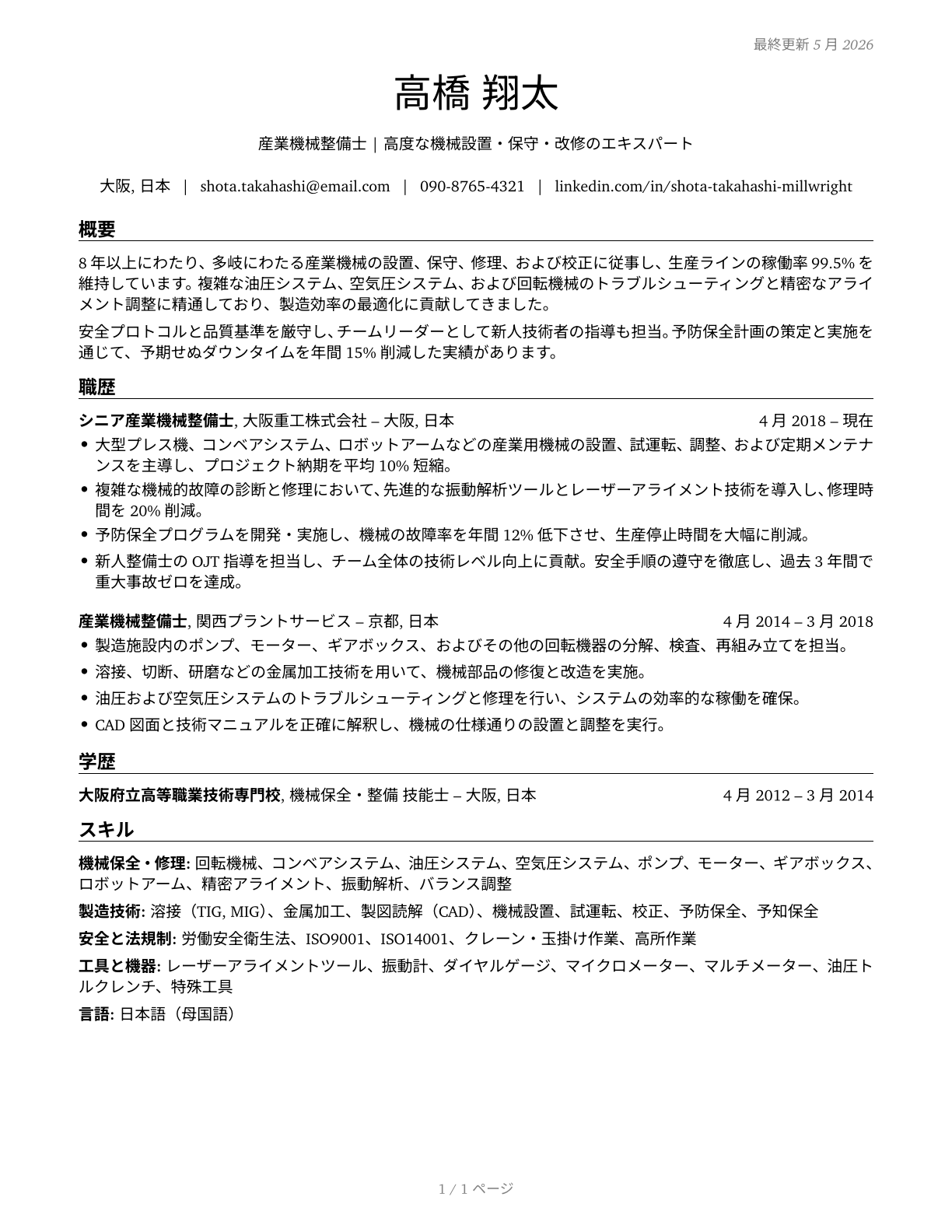 Millwrights CV in Japanese — page 1