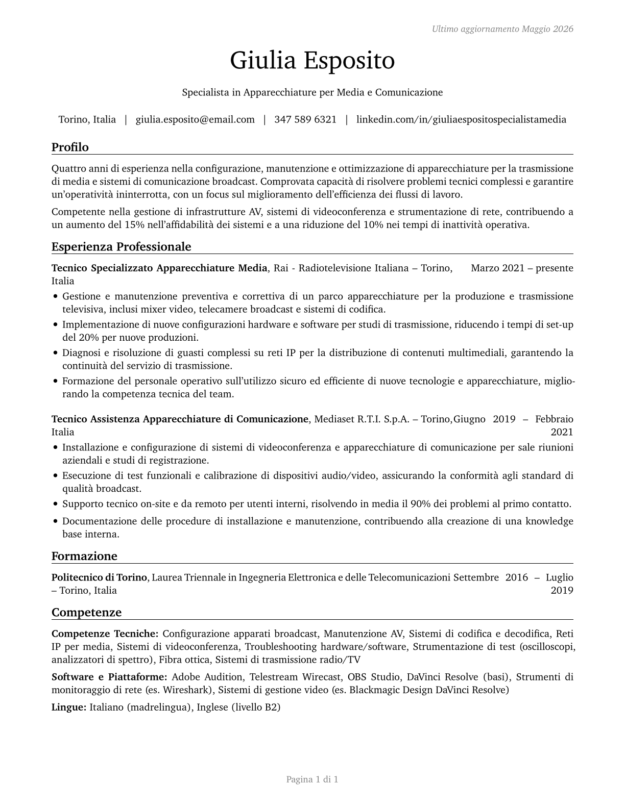 Media and Communication Equipment Workers, All Other CV in Italian — page 1