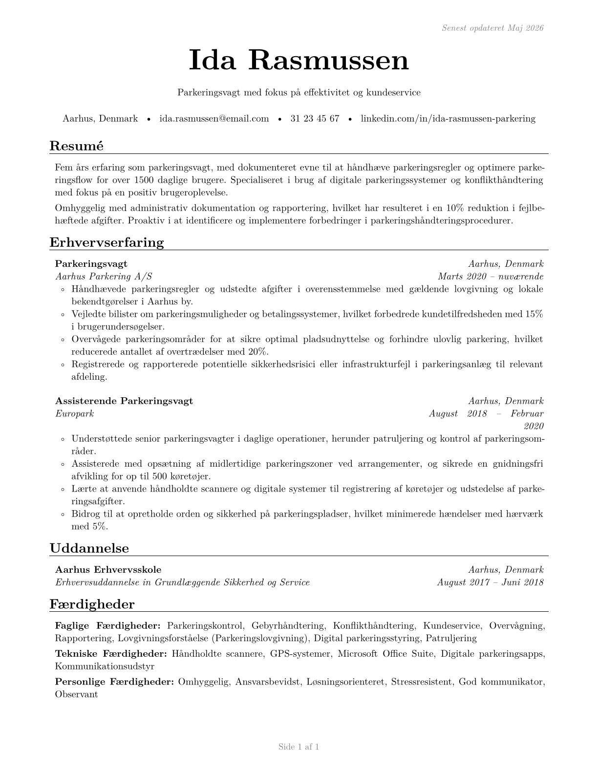 Parking Attendants CV in Danish — page 1
