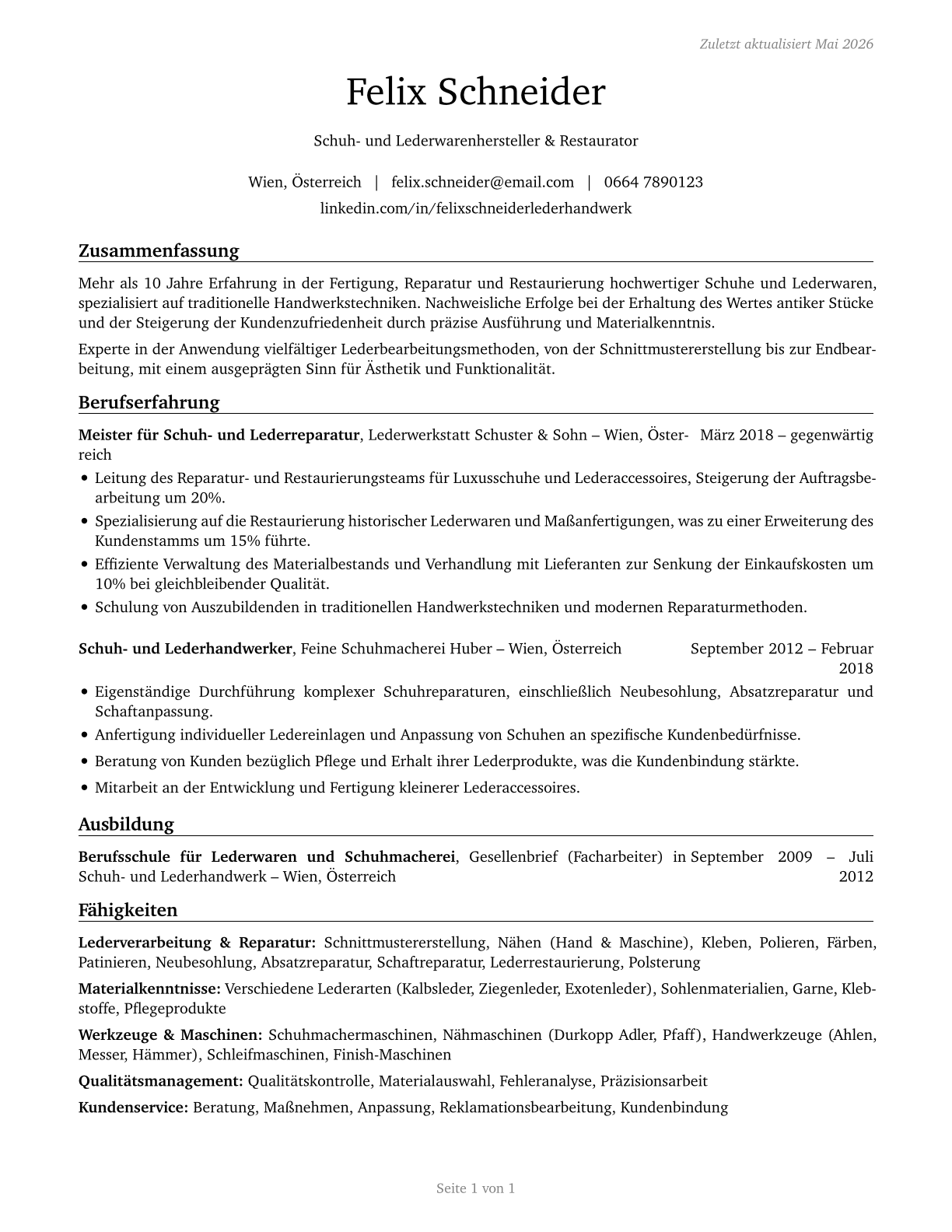Shoe and Leather Workers and Repairers CV in German — page 1
