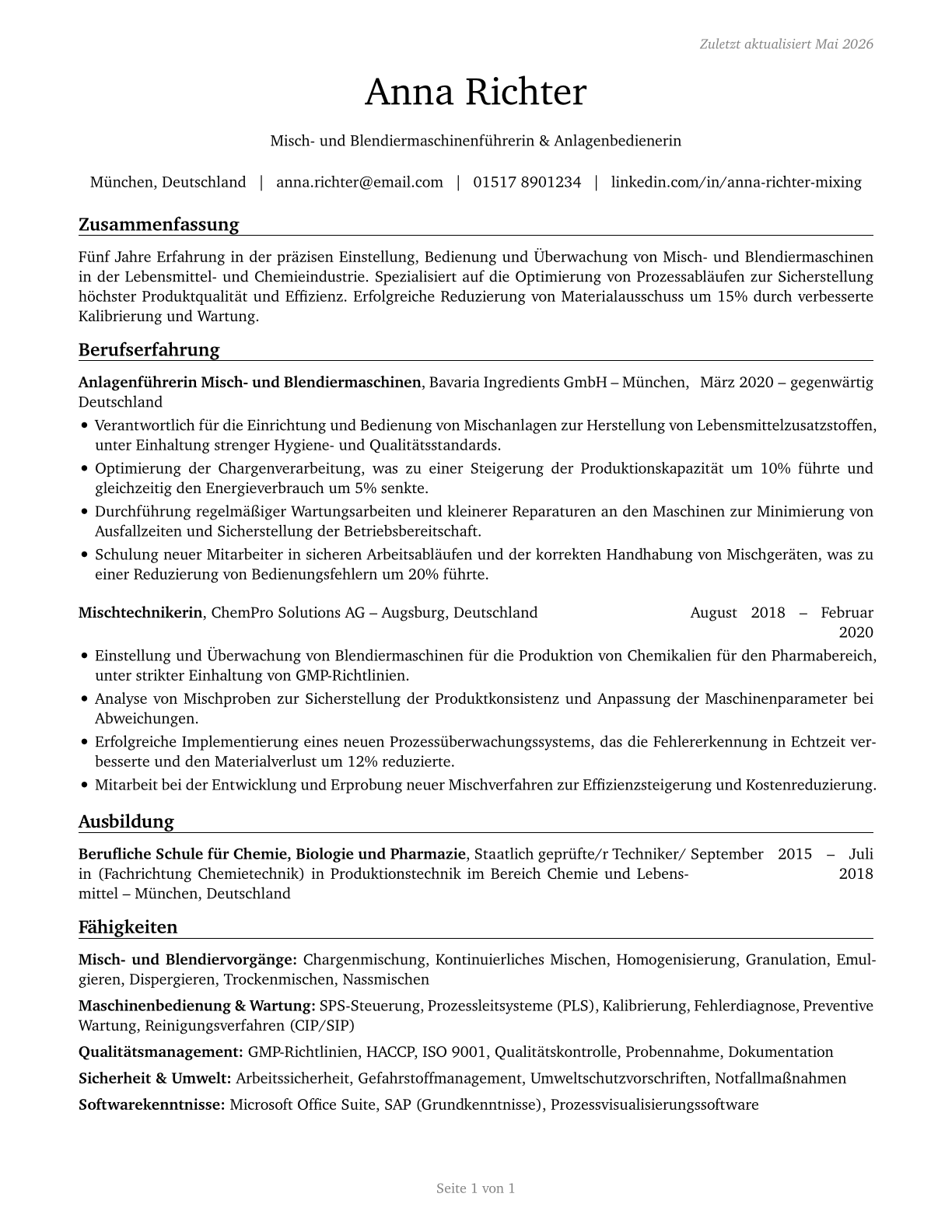 Mixing and Blending Machine Setters, Operators, and Tenders CV in German — page 1