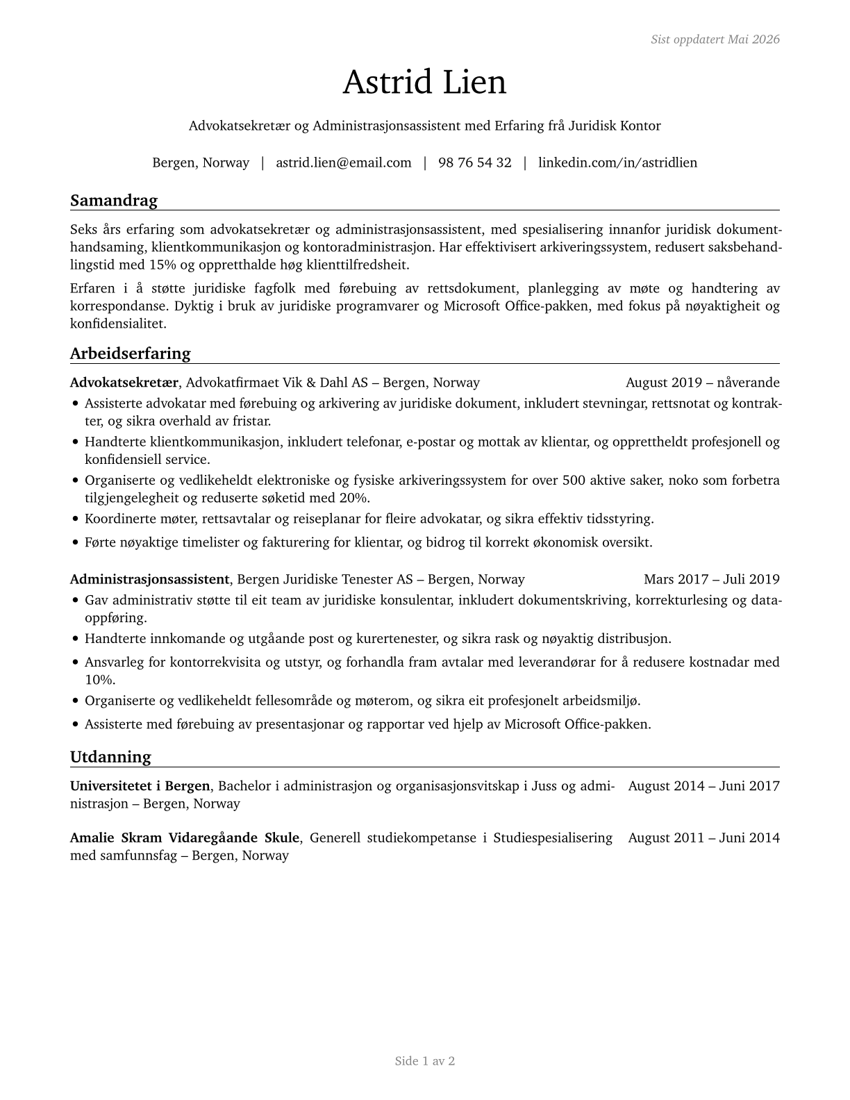 Legal Secretaries and Administrative Assistants CV in Norwegian_nynorsk — page 1