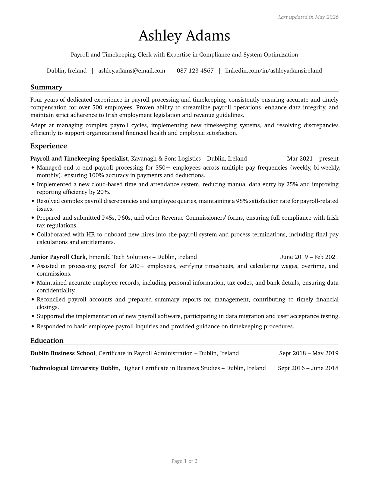 Payroll and Timekeeping Clerks CV in English — page 1