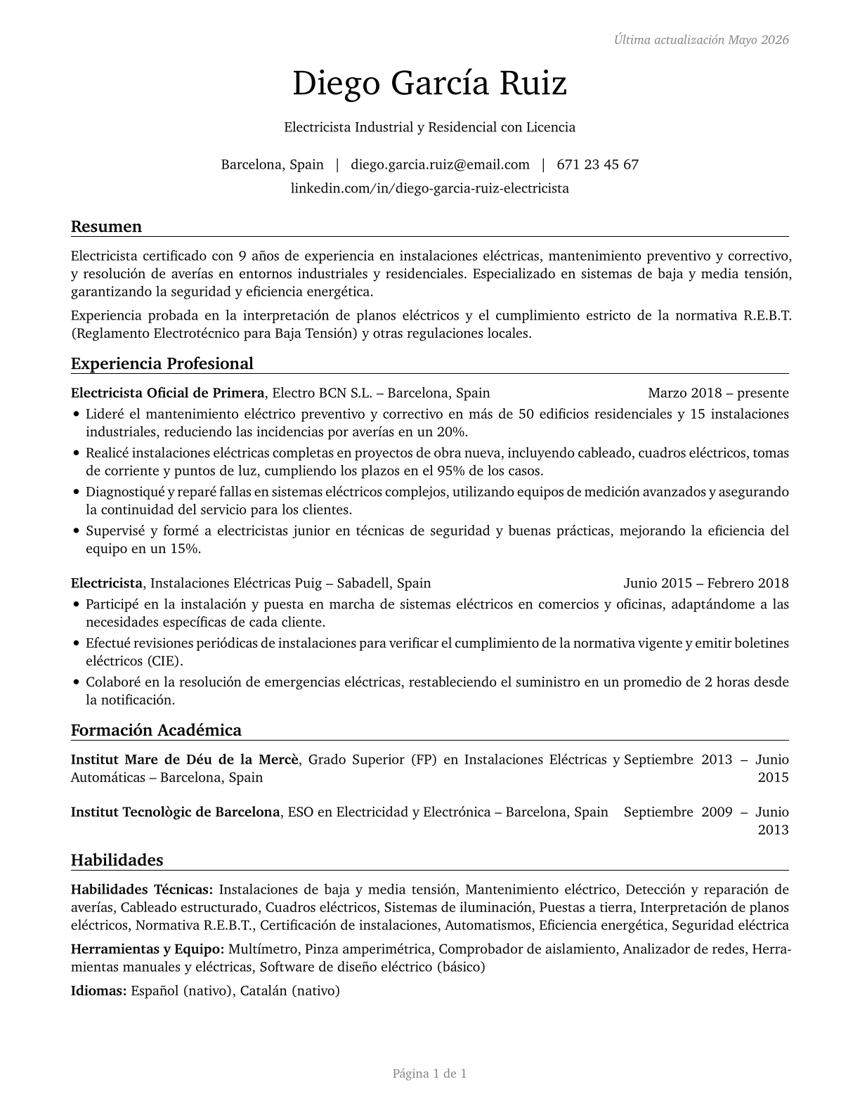 Electricians CV in Spanish — page 1