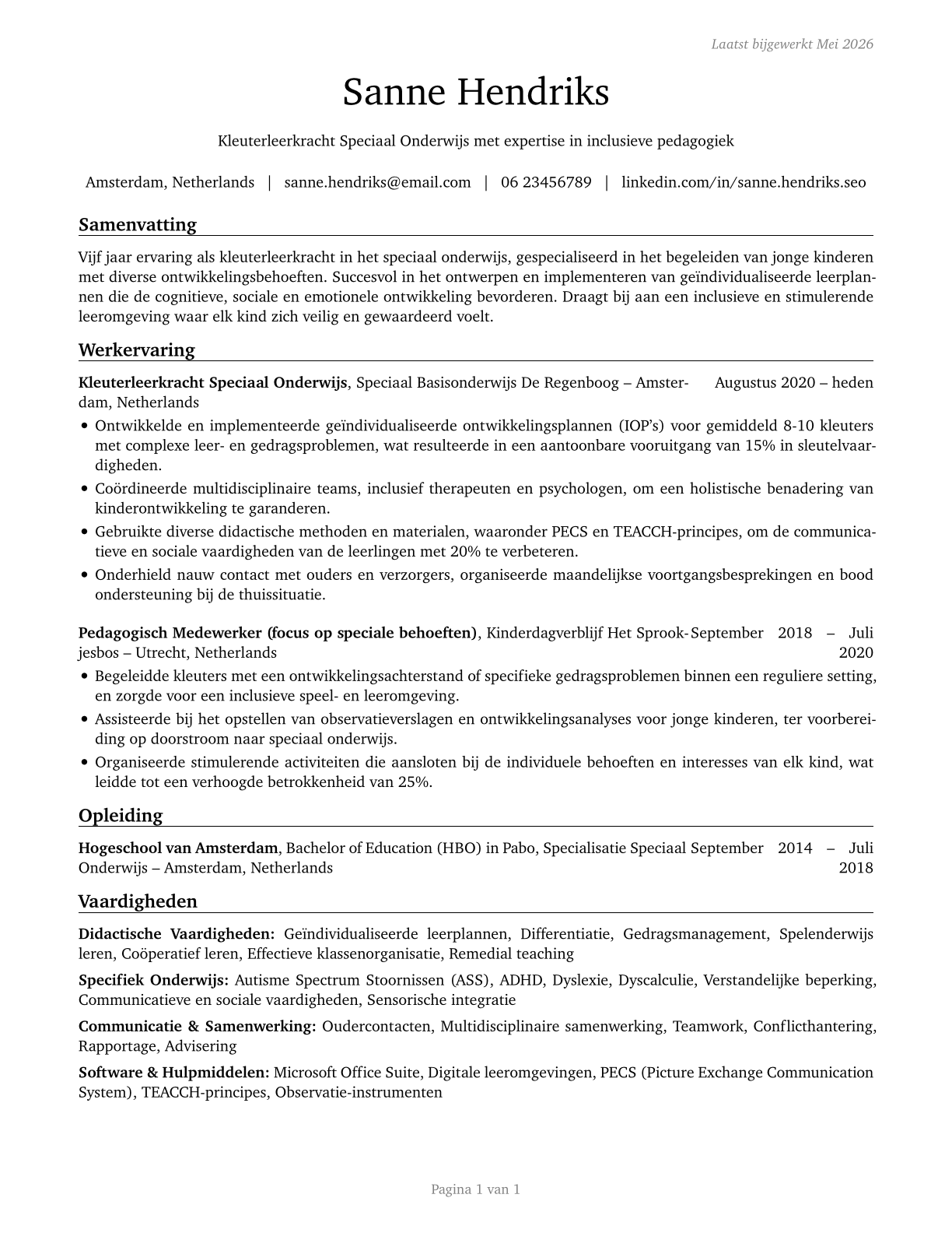 Special Education Teachers, Kindergarten CV in Dutch — page 1