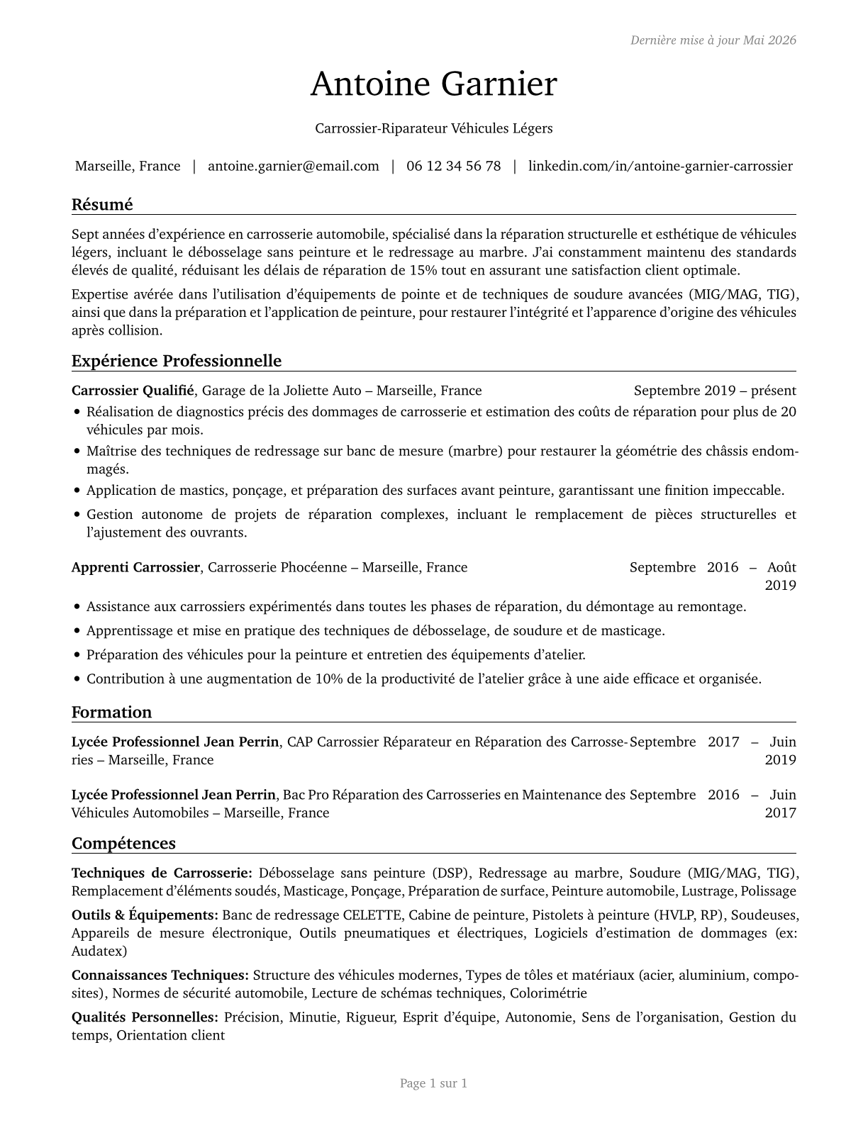 Automotive Body and Related Repairers CV in French — page 1