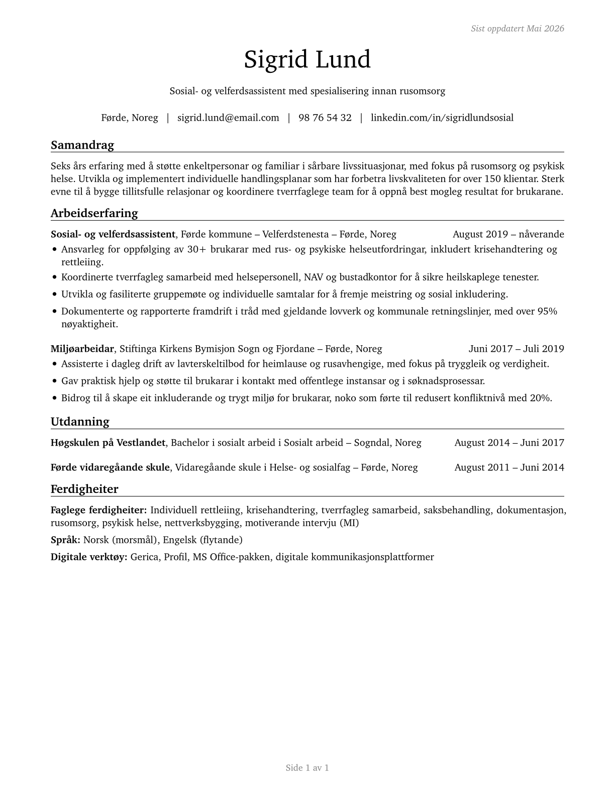 Social and Human Service Assistants CV in Norwegian_nynorsk — page 1