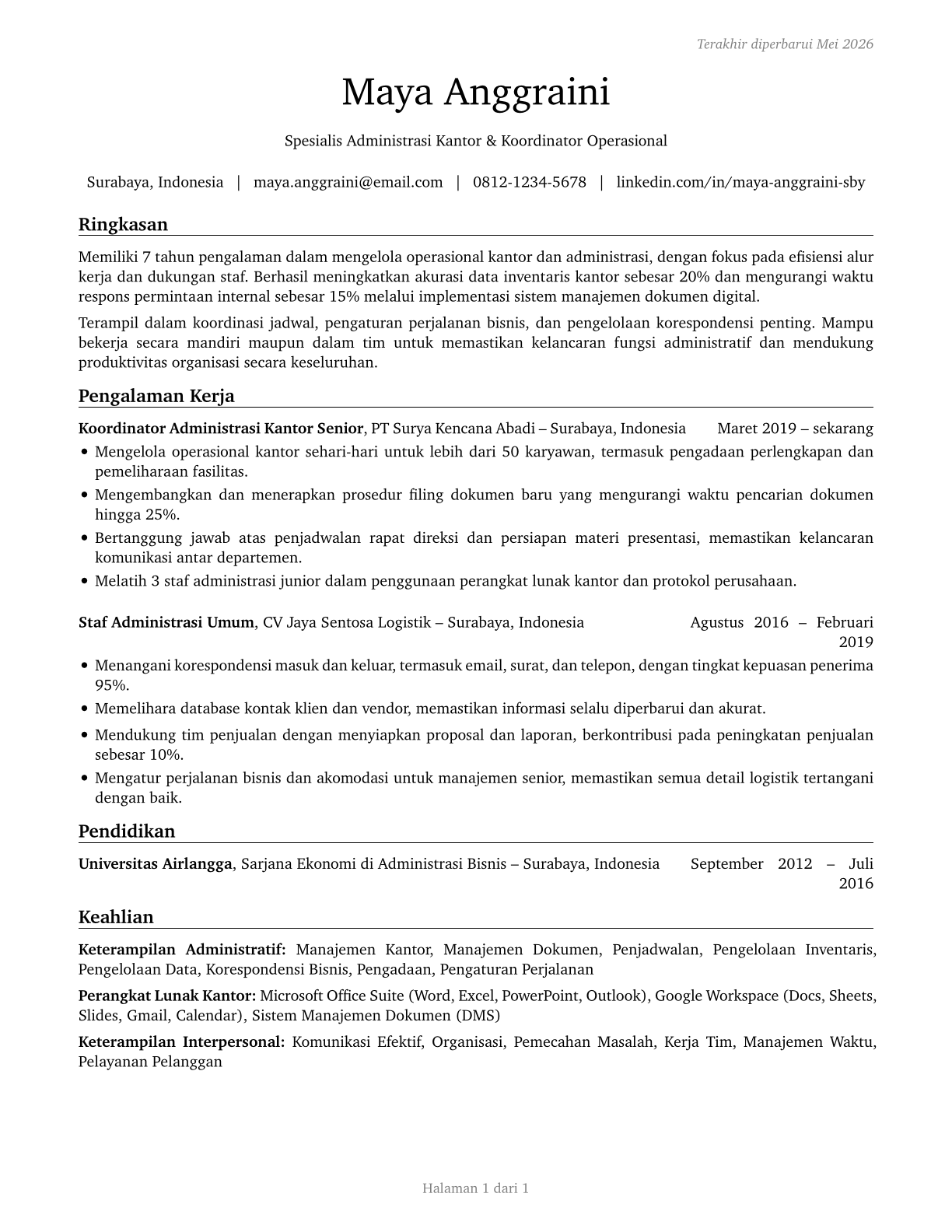 Office and Administrative Support Workers, All Other CV in Indonesian — page 1