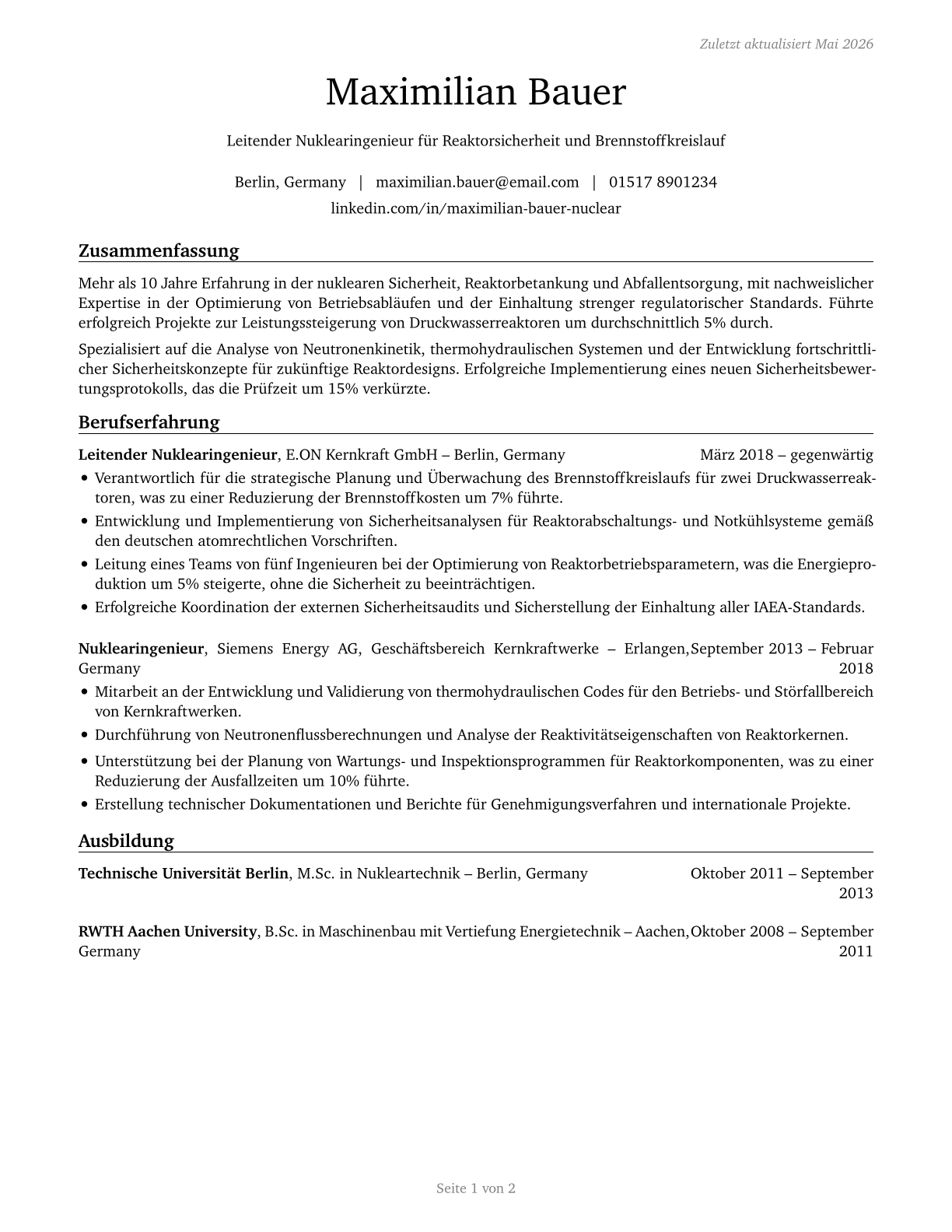 Nuclear Engineers CV in German — page 1