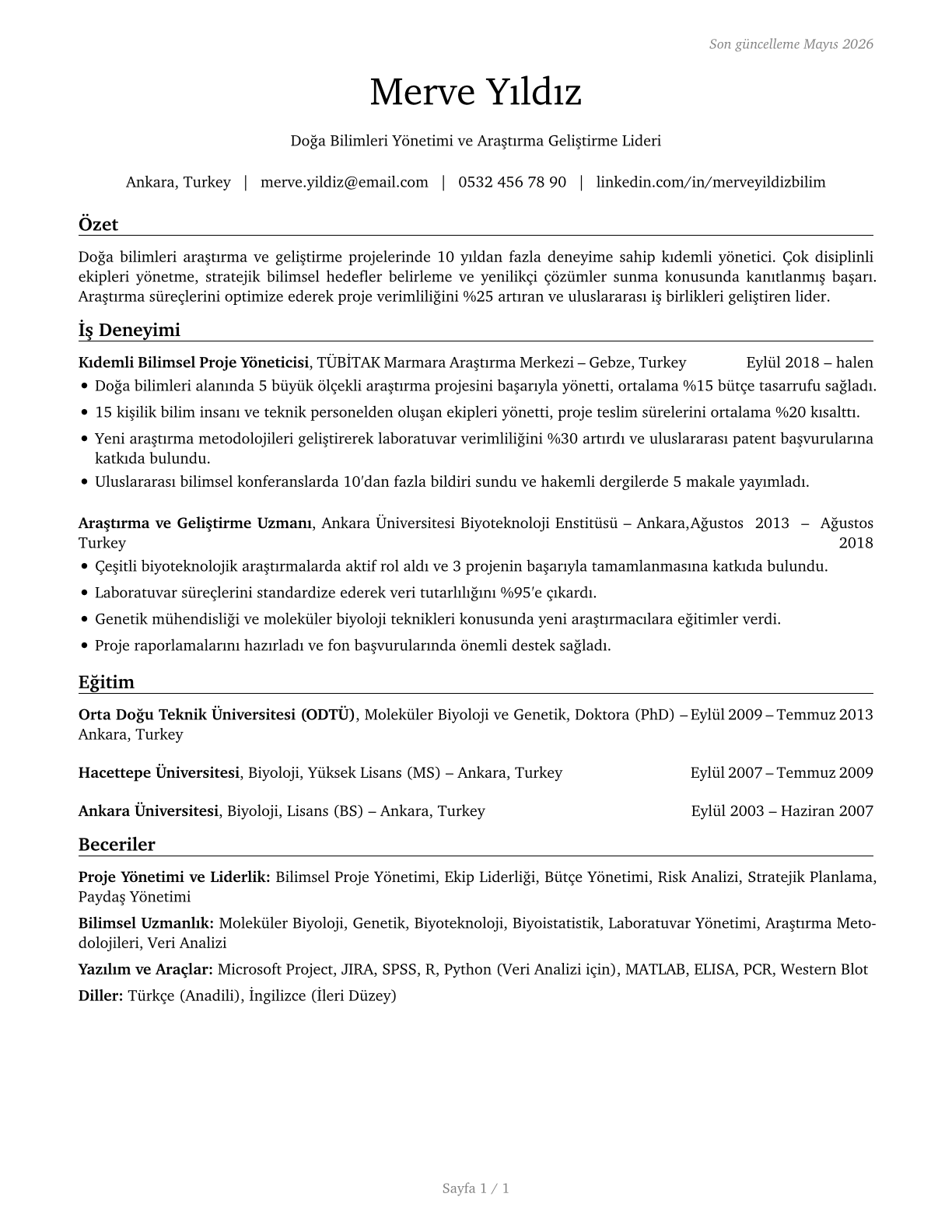 Natural Sciences Managers CV in Turkish — page 1