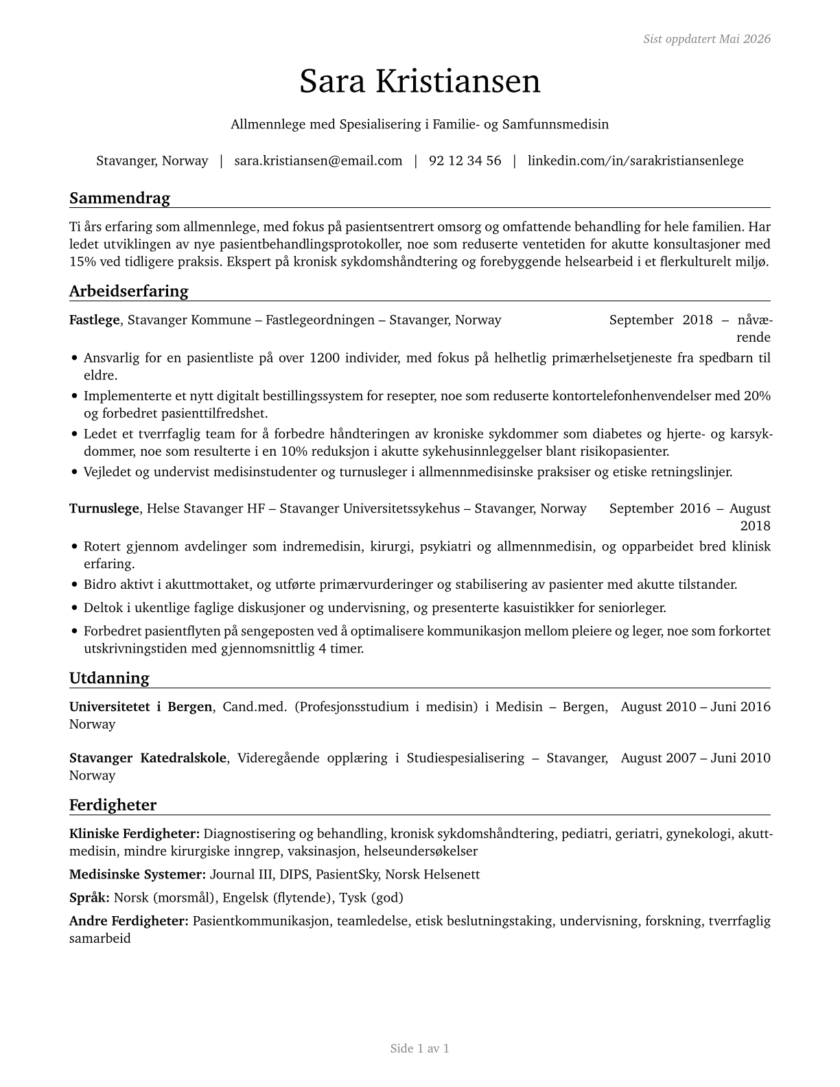 Family Medicine Physicians CV in Norwegian_bokmal — page 1