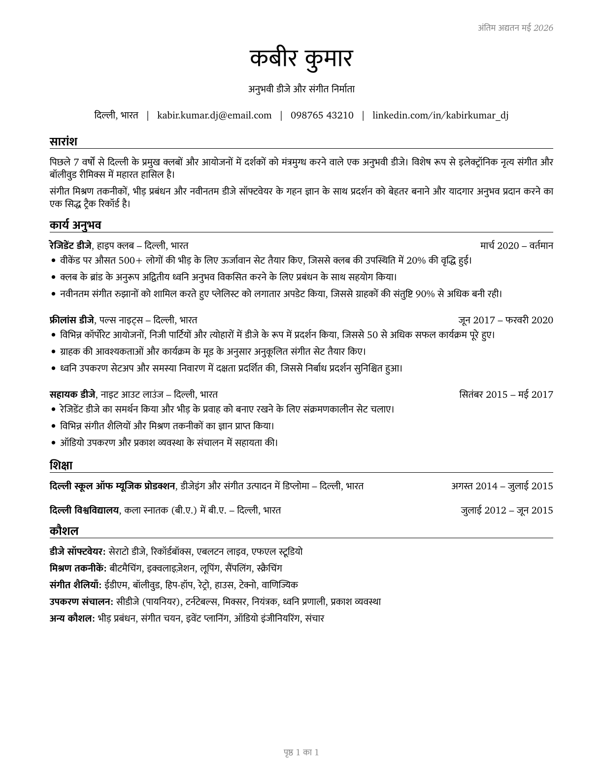 Disc Jockeys, Except Radio CV in Hindi — page 1