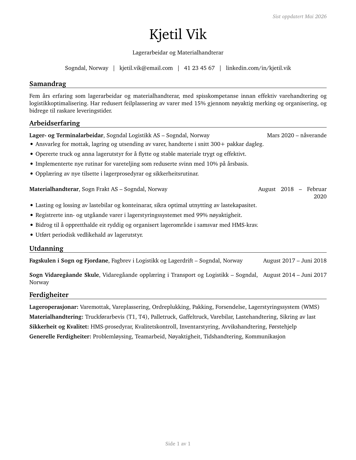 Laborers and Freight, Stock, and Material Movers, Hand CV in Norwegian_nynorsk — page 1