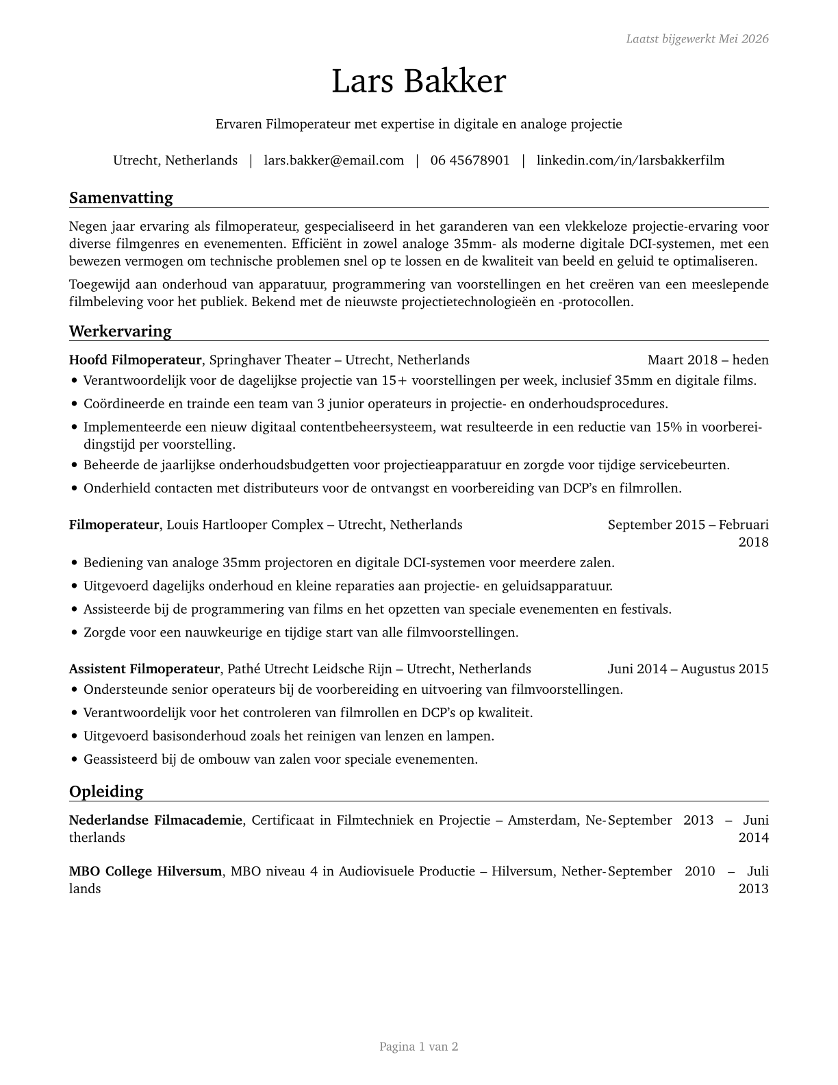 Motion Picture Projectionists CV in Dutch — page 1
