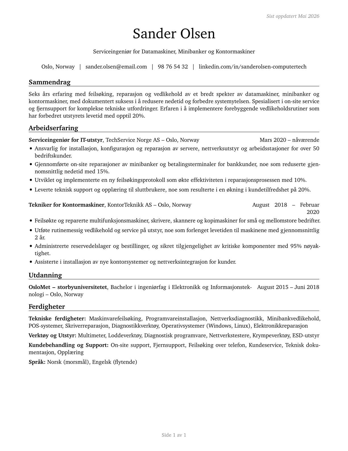 Computer, Automated Teller, and Office Machine Repairers CV in Norwegian_bokmal — page 1